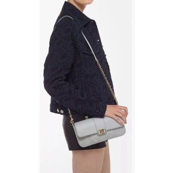 MCM Crossbody Purse Gray Leather Chic Preppy Designer Understated Gold Quiet Lux - Picture 5 of 15